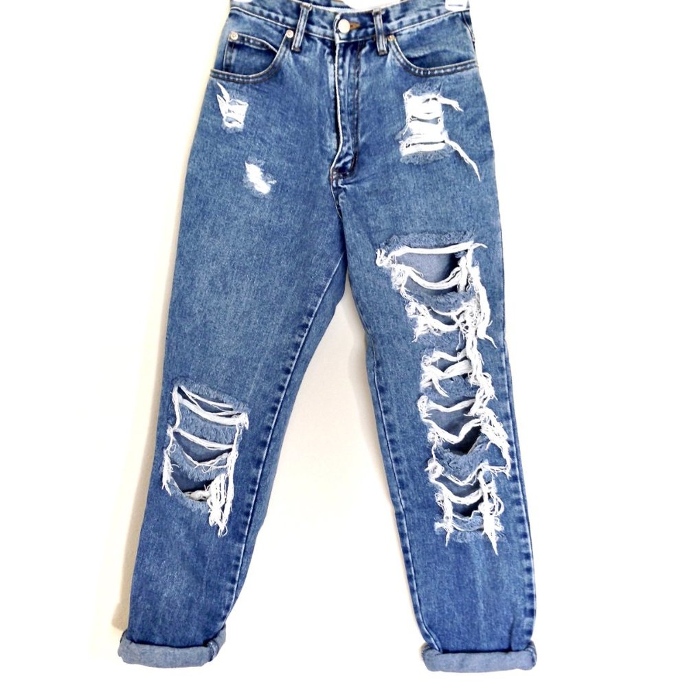YOYO JEANS-Blue Distress High Waisted Mom Jeans